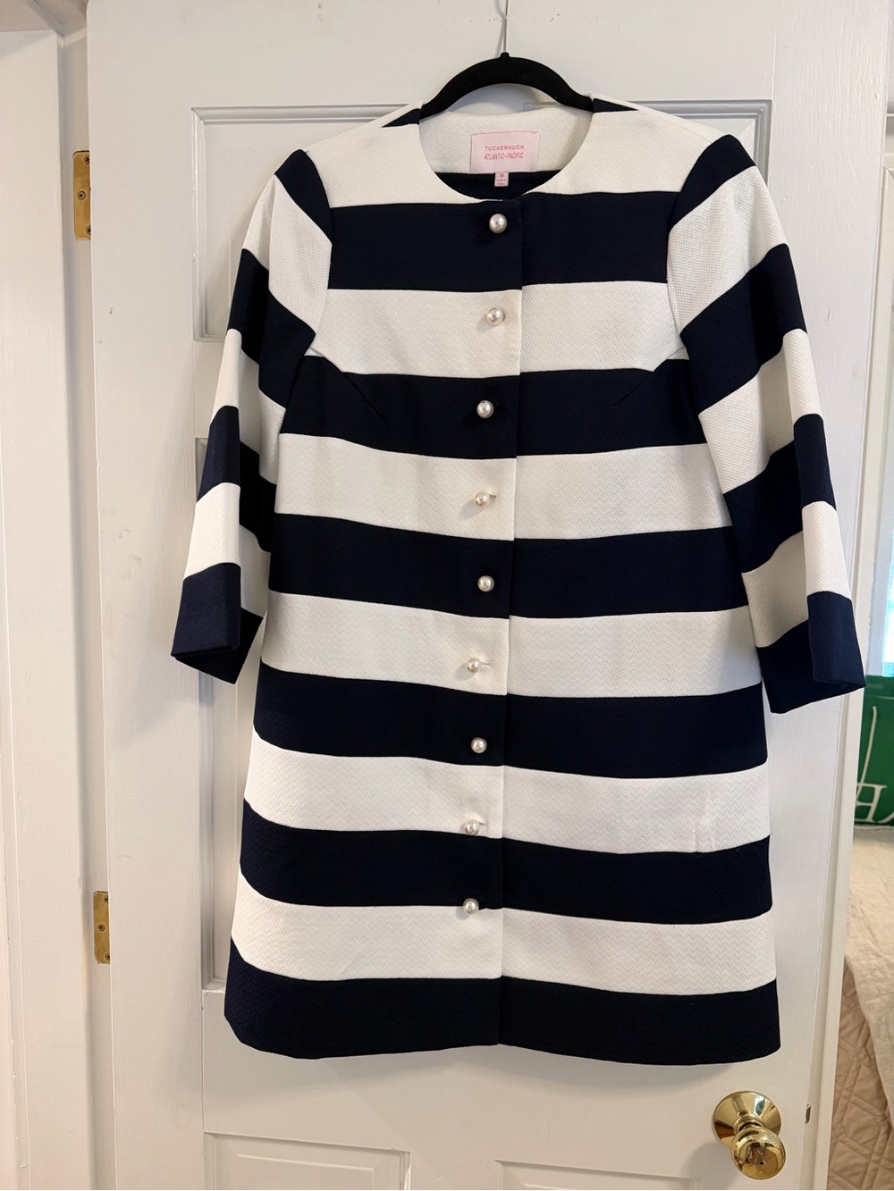 Tuckernuck Navy and White Striped Pearl-Button Coat Dress